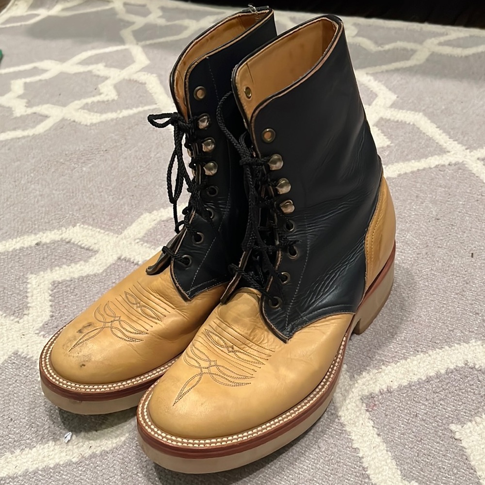 Crepe Sole Round Toe Lace up Cowboy Boots Leather Navy and Tan 9.5